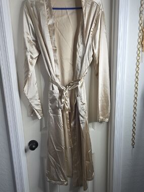 SHEIN Cream Satin Trench Robe with Self Tie